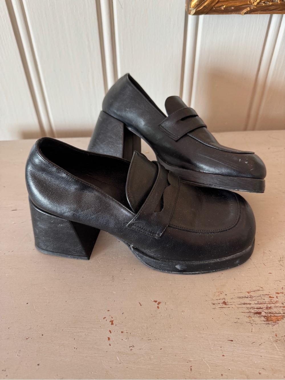 Women's Black Leather Block Heel Penny Loafers